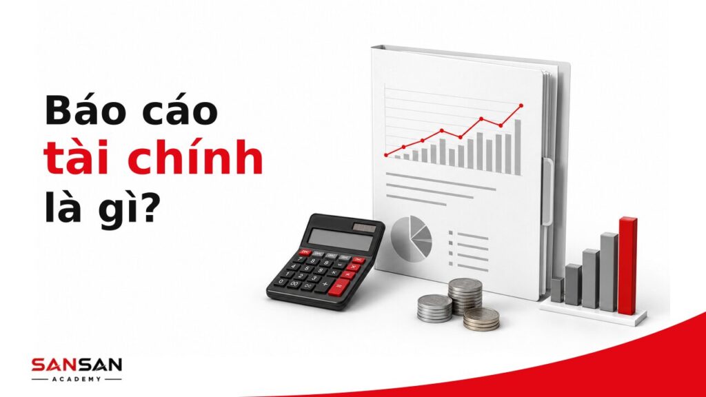 Báo cáo tài chính với biểu đồ, kính lúp, bút và các chồng tiền.