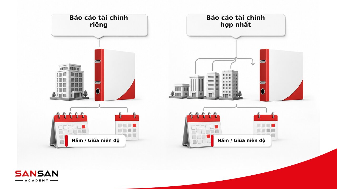 So sánh báo cáo tài chính riêng và hợp nhất theo phạm vi doanh nghiệp