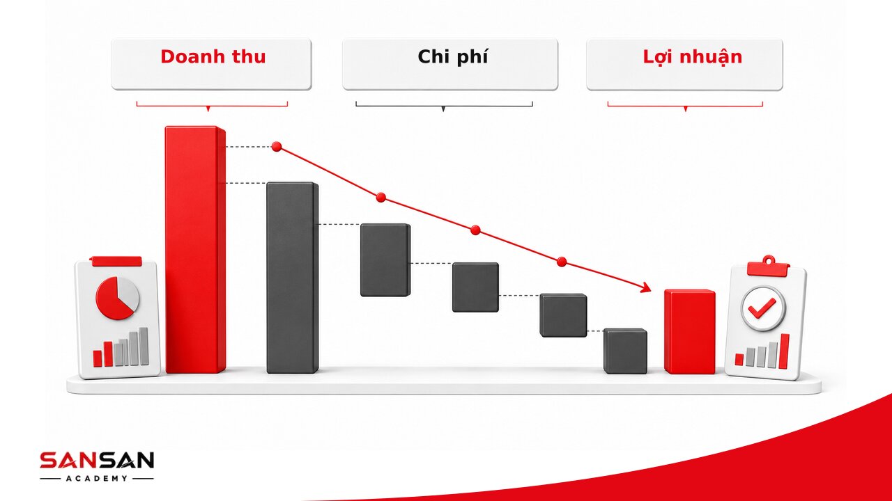 Biểu đồ thể hiện doanh thu, chi phí và lợi nhuận trong báo cáo tài chính