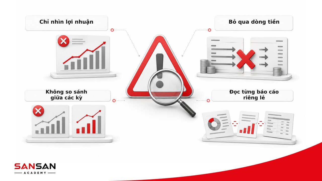 Bốn sai lầm khi đọc báo cáo tài chính gồm bỏ dòng tiền, thiếu so sánh và đọc riêng lẻ