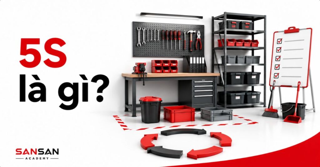 Khu vực làm việc 5S với dụng cụ và vật tư được sắp xếp