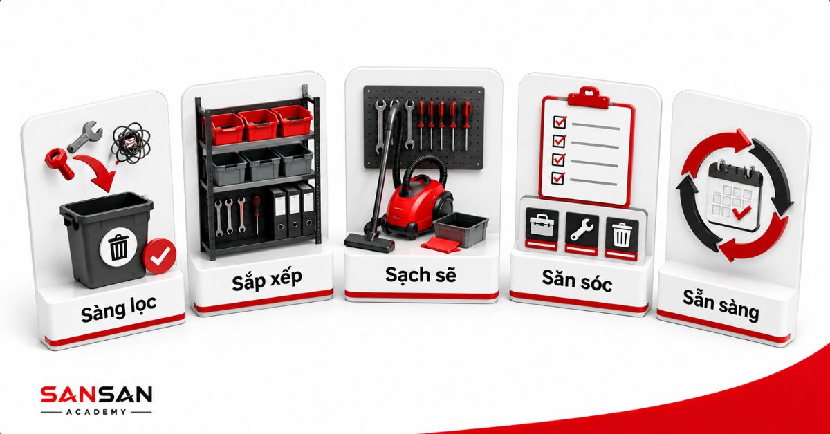 Năm nguyên tắc 5S gồm sàng lọc, sắp xếp, sạch sẽ, săn sóc, sẵn sàng