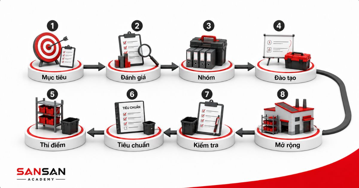 Quy trình tám bước triển khai 5S từ mục tiêu đến mở rộng