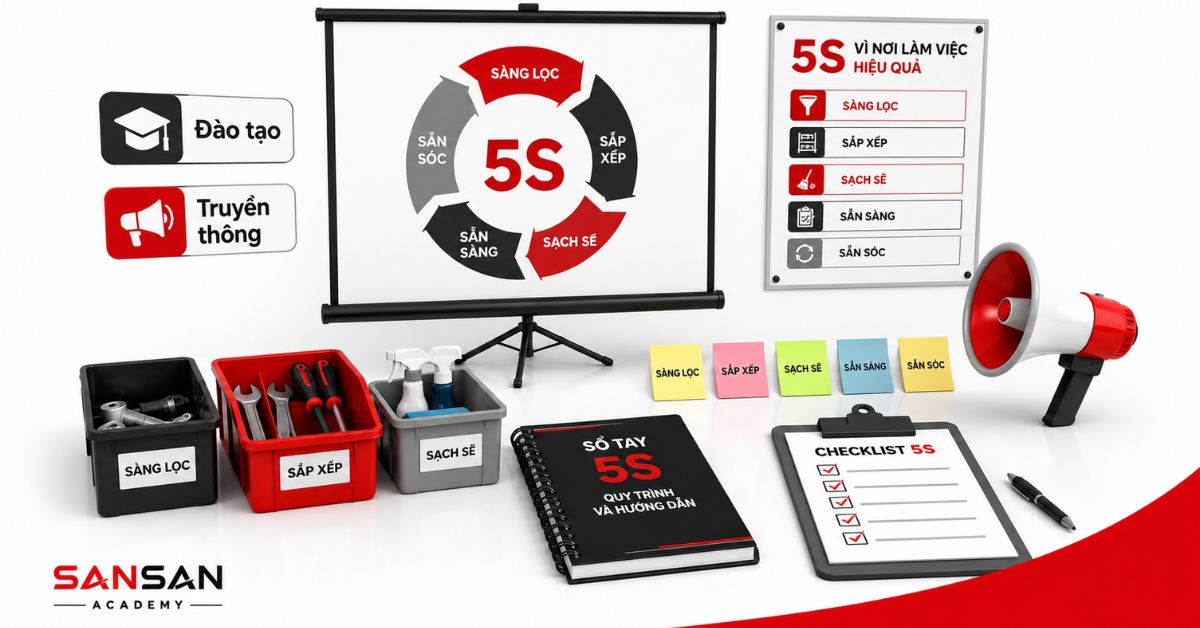 Tài liệu đào tạo, bảng trình chiếu và dụng cụ truyền thông 5S