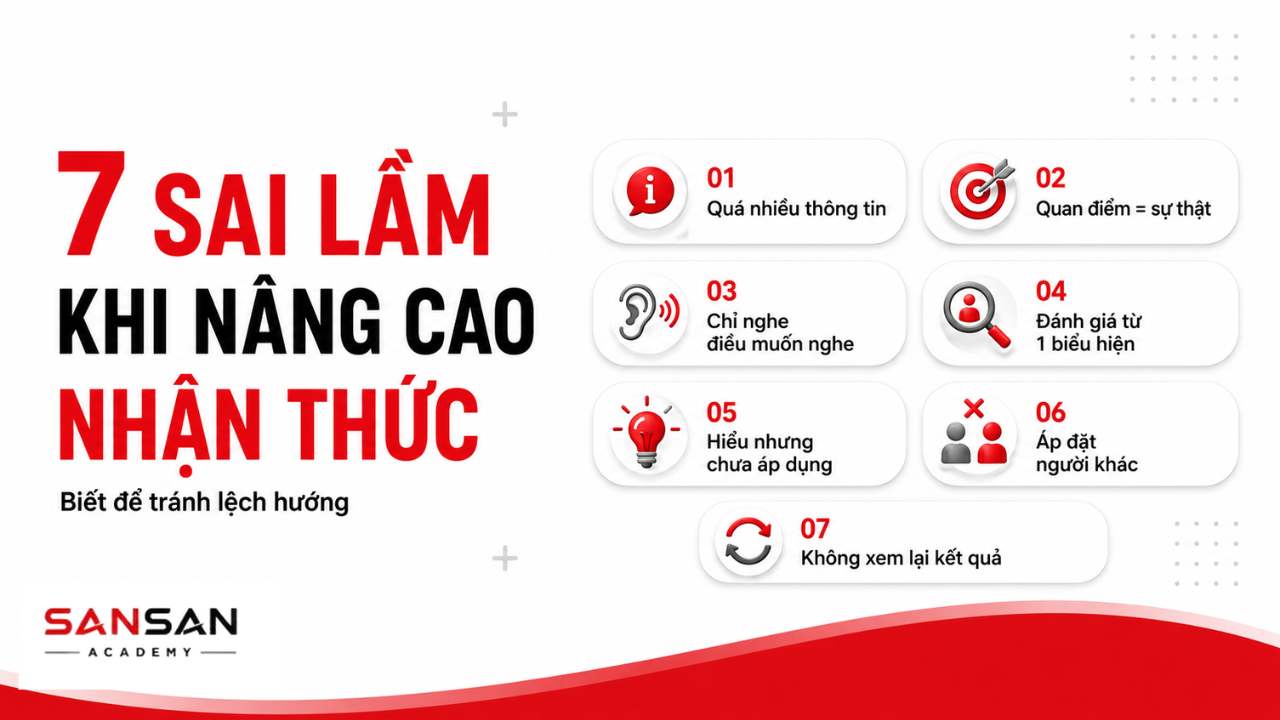 Bảy sai lầm khi nâng cao nhận thức như tiếp nhận quá nhiều thông tin, chỉ nghe điều muốn nghe và áp đặt người khác.