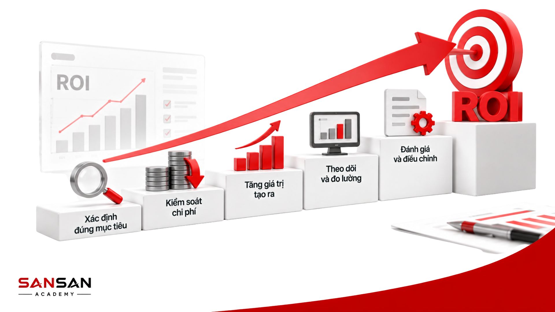 Cách cải thiện ROI gồm xác định đúng mục tiêu, kiểm soát chi phí, tăng giá trị, đo lường và điều chỉnh