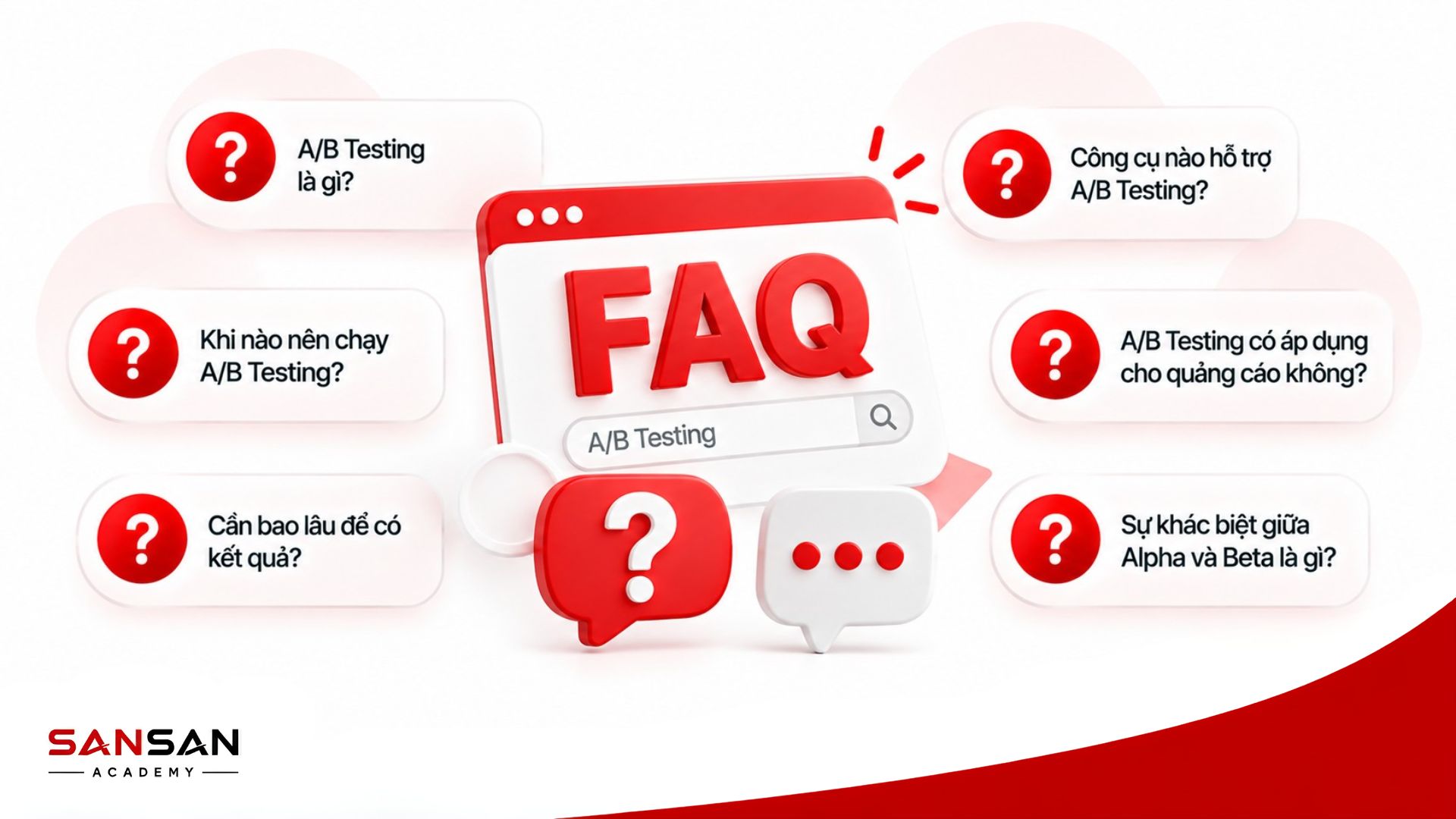Các câu hỏi thường gặp về A/B Testing gồm thời điểm thử nghiệm, thời gian chạy, công cụ hỗ trợ và sự khác biệt với Alpha Beta Testing