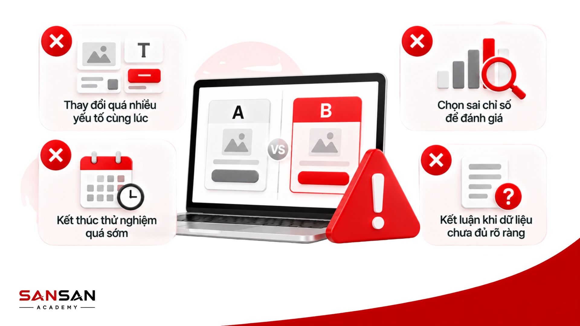 Sai lầm khi A/B Testing gồm thay đổi nhiều yếu tố, kết thúc quá sớm, chọn sai chỉ số và kết luận khi dữ liệu chưa đủ