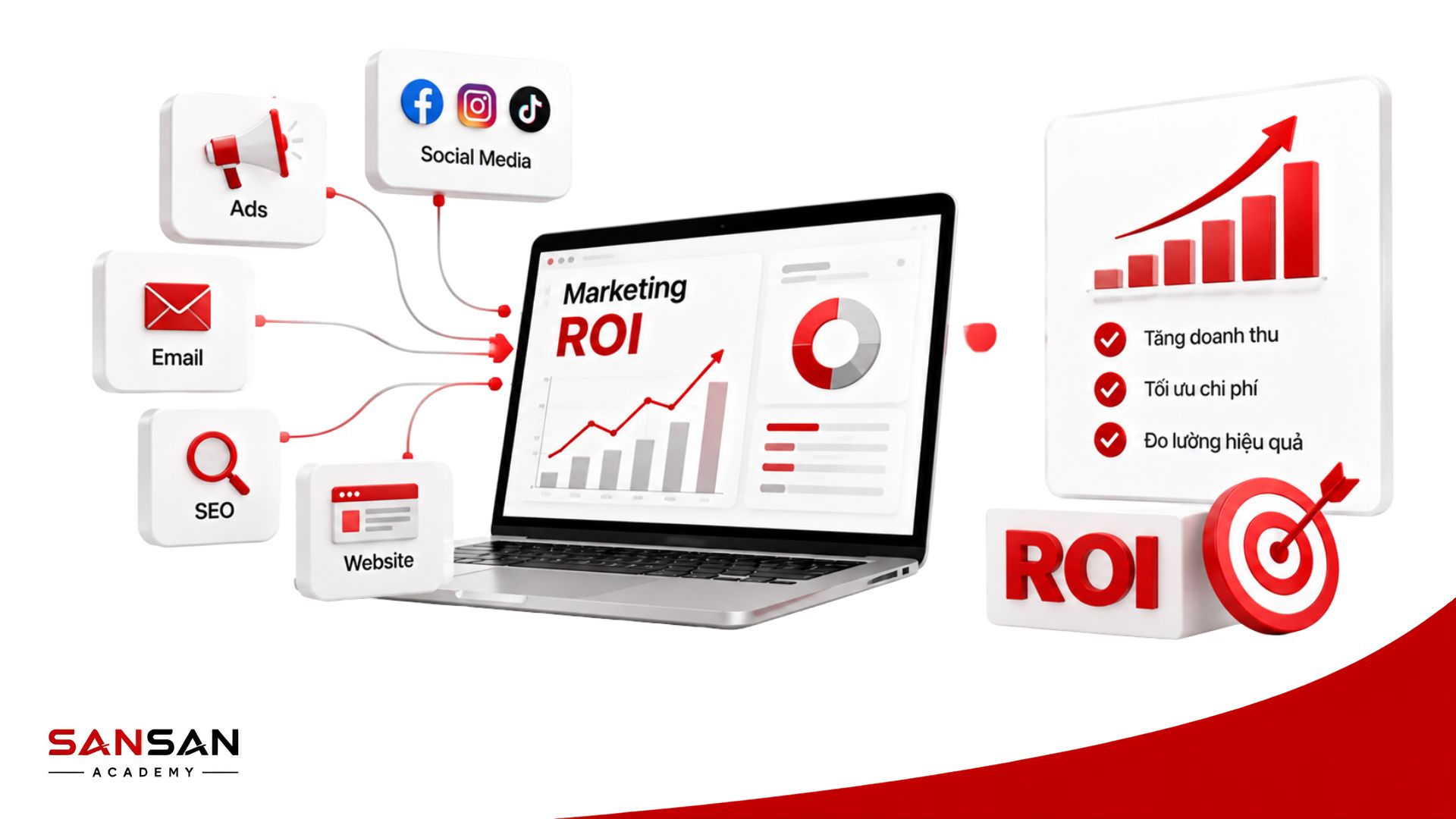 Marketing ROI đo hiệu quả tài chính từ quảng cáo, SEO, email, website và các hoạt động Marketing