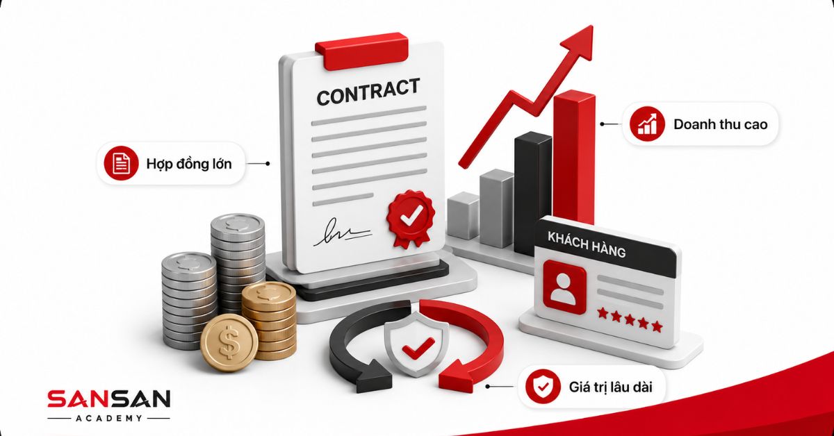 Hợp đồng B2B lớn với biểu đồ doanh thu tăng và tiền xu