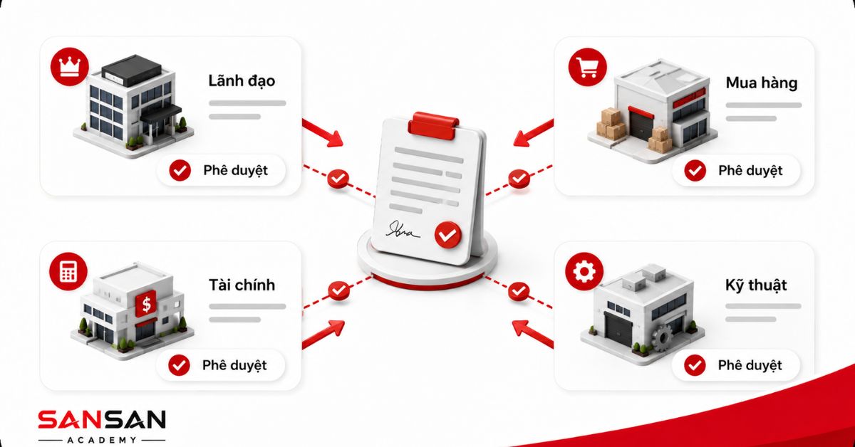 Bốn bộ phận cùng phê duyệt một hợp đồng mua hàng B2B