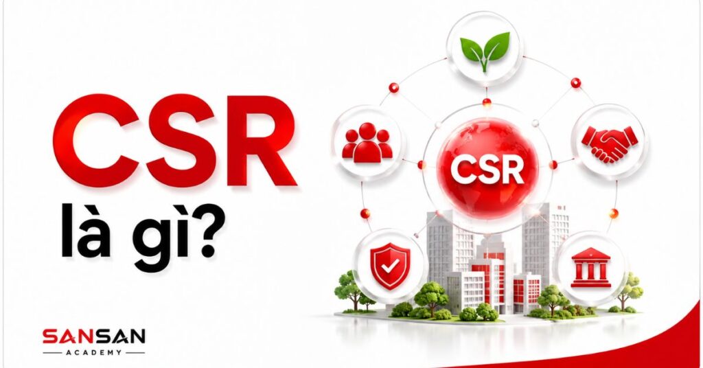 Biểu tượng CSR kết nối môi trường, cộng đồng, đối tác và quản trị doanh nghiệp
