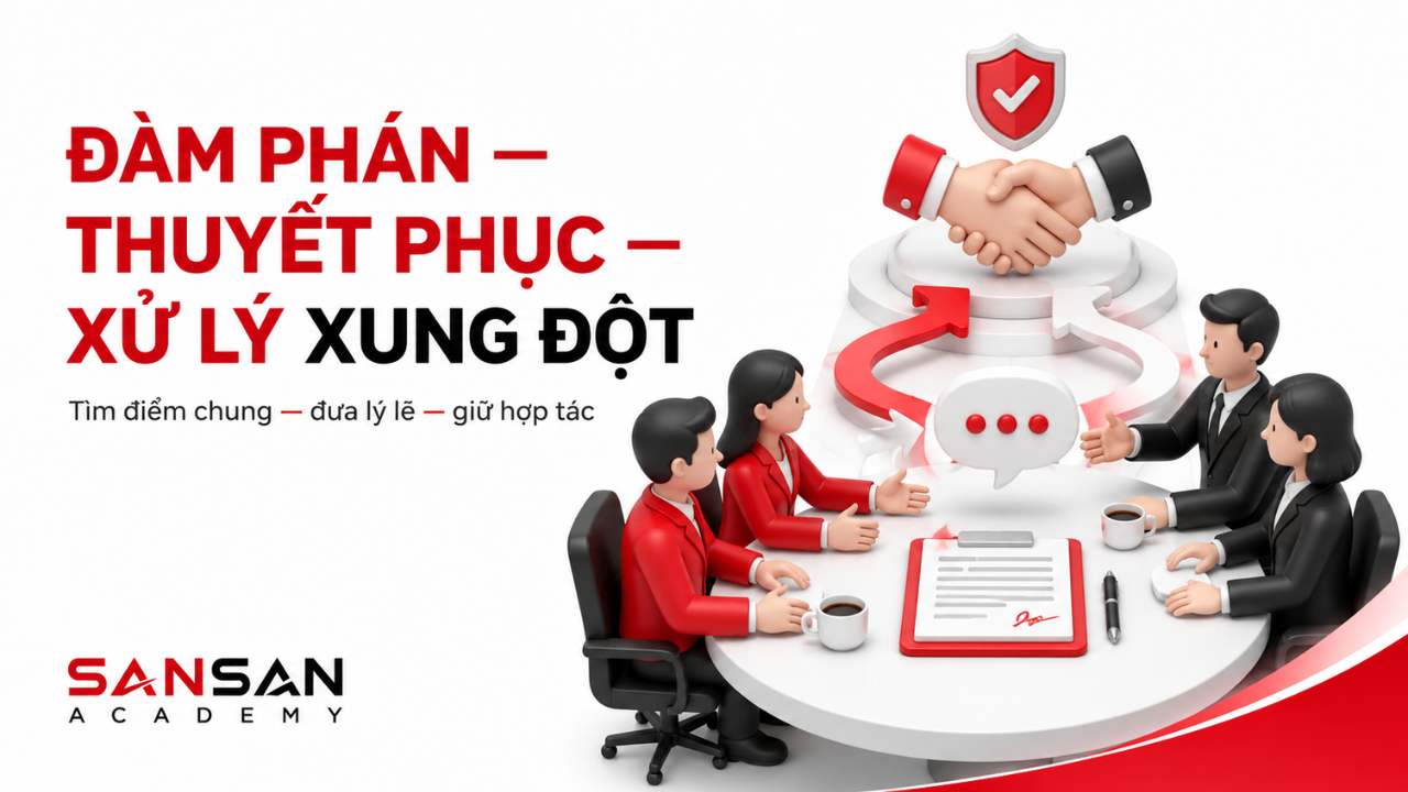 Hai nhóm trao đổi và bắt tay, minh họa đàm phán, thuyết phục và xử lý xung đột trong tinh thần hợp tác.