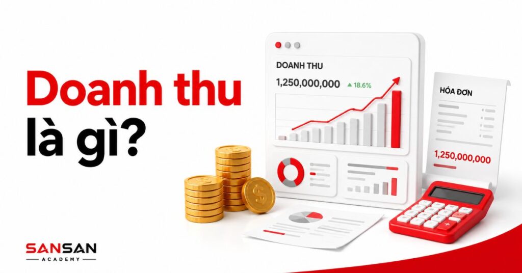 Báo cáo doanh thu với biểu đồ tăng trưởng, hóa đơn và tiền xu