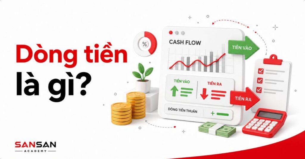 Bảng dòng tiền với tiền vào, tiền ra, biểu đồ và máy tính đỏ