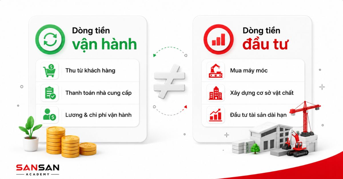 So sánh dòng tiền vận hành màu xanh và dòng tiền đầu tư màu đỏ