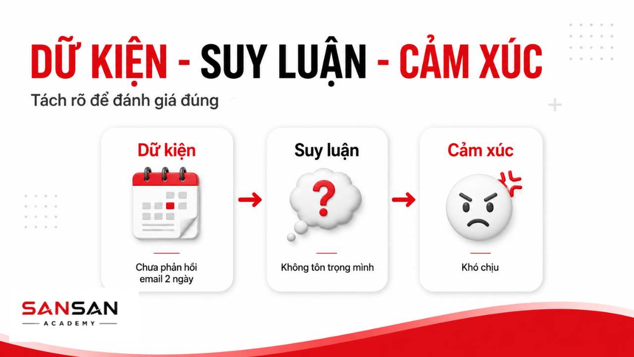 Ví dụ phân biệt dữ kiện chưa nhận phản hồi email, suy luận không được tôn trọng và cảm xúc khó chịu.