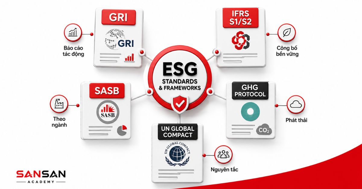 Sơ đồ các khung GRI, IFRS, SASB và GHG Protocol