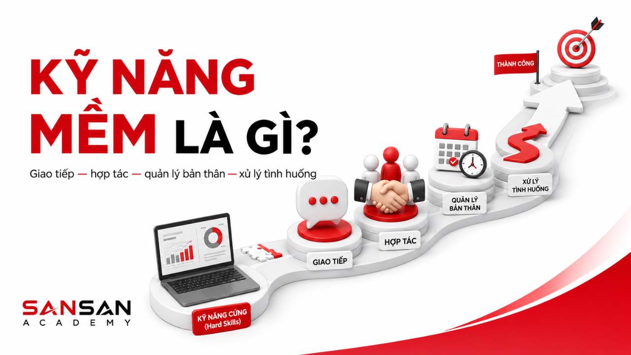 Lộ trình kỹ năng mềm từ giao tiếp, hợp tác và quản lý bản thân đến xử lý tình huống và đạt mục tiêu.