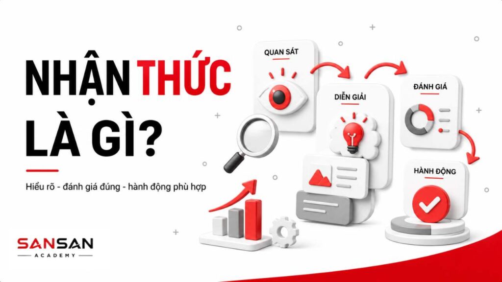 Minh họa quá trình nhận thức gồm quan sát, diễn giải, đánh giá thông tin và lựa chọn hành động phù hợp.