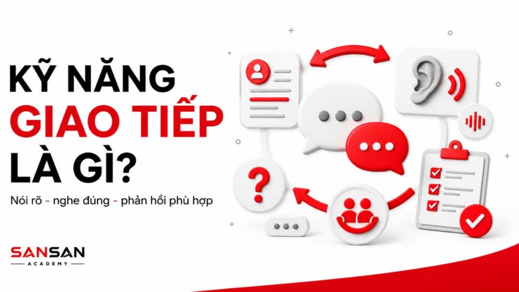 Kỹ năng giao tiếp gồm truyền đạt rõ ràng, lắng nghe đúng, đặt câu hỏi, thấu hiểu và phản hồi phù hợp.
