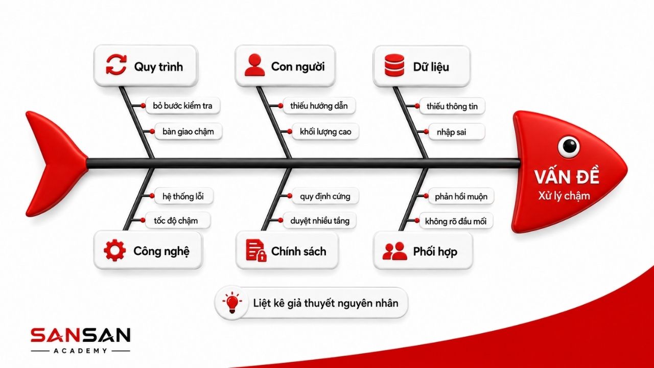 Sơ đồ xương cá liệt kê các nhóm nguyên nhân gây vấn đề