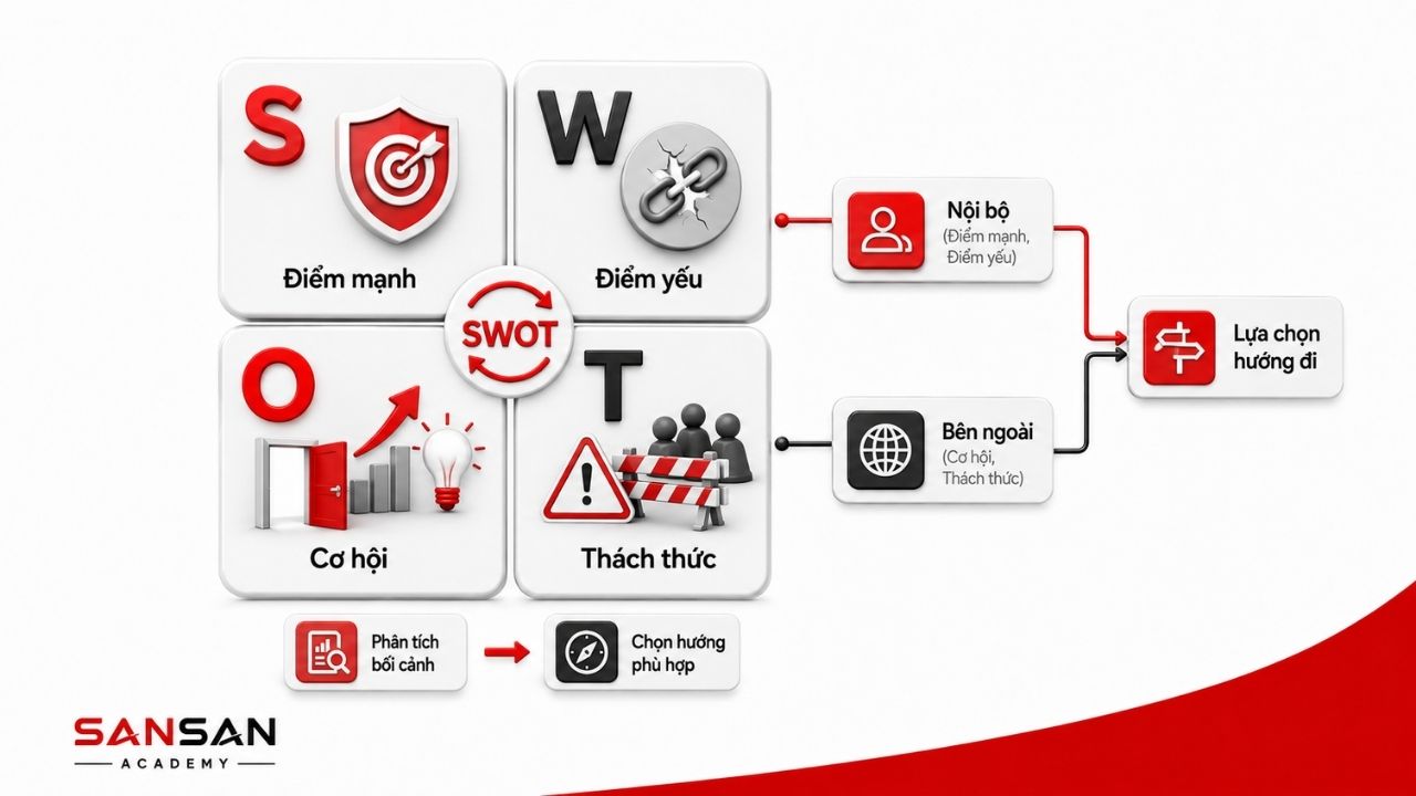 Ma trận SWOT với điểm mạnh, điểm yếu, cơ hội và thách thức