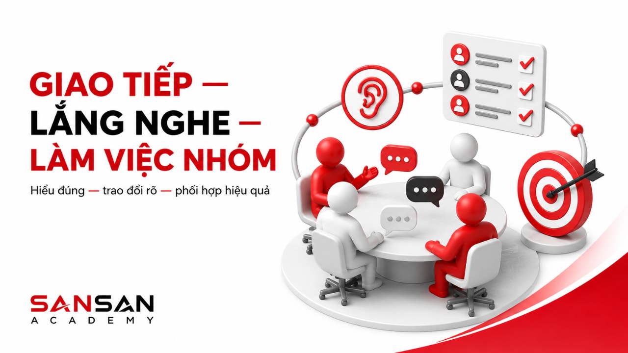 Bốn thành viên trao đổi quanh bàn, minh họa giao tiếp, lắng nghe và phối hợp hướng đến mục tiêu chung.