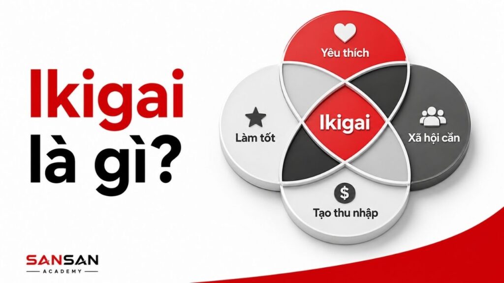 Vòng tròn Ikigai 3D với bốn yếu tố cốt lõi