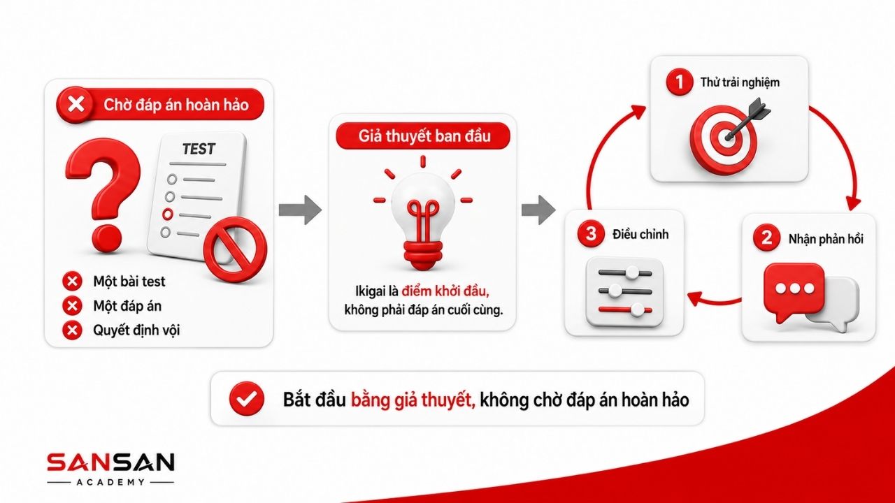 Sơ đồ thử nghiệm, nhận phản hồi và điều chỉnh để tìm Ikigai