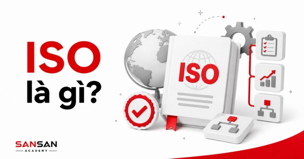 Tài liệu ISO, quả địa cầu và dấu kiểm trên nền trắng đỏ