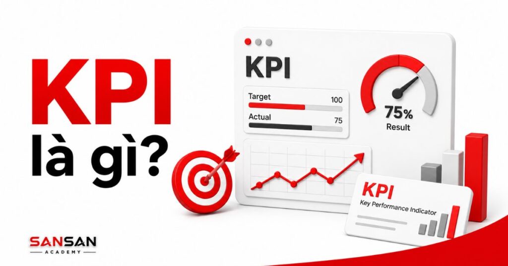 Dashboard KPI đỏ trắng với mục tiêu, biểu đồ và bảng theo dõi