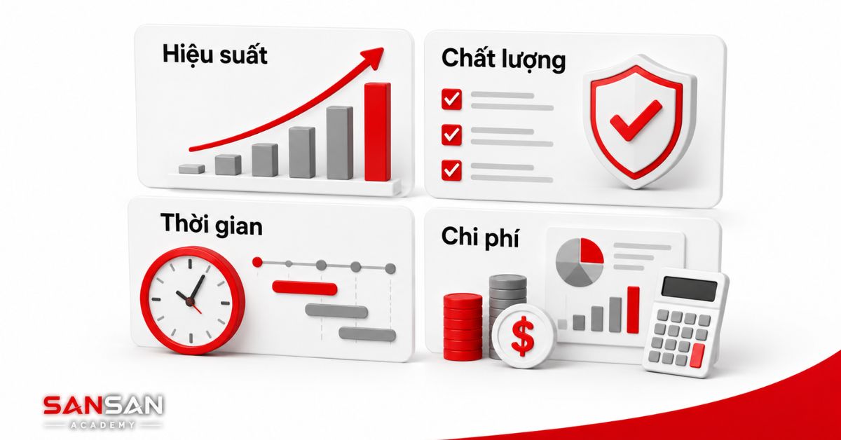 Bốn nhóm KPI về hiệu suất, chất lượng, thời gian và chi phí