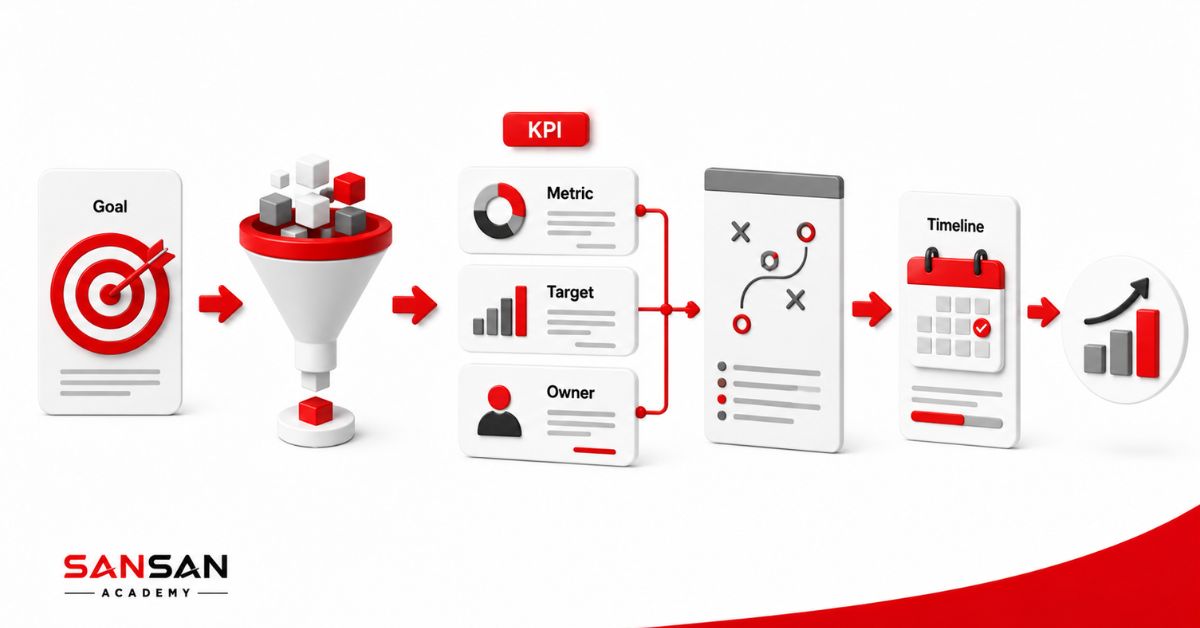 Dashboard KPI, kính lúp và bảng dữ liệu đánh giá hiệu suất