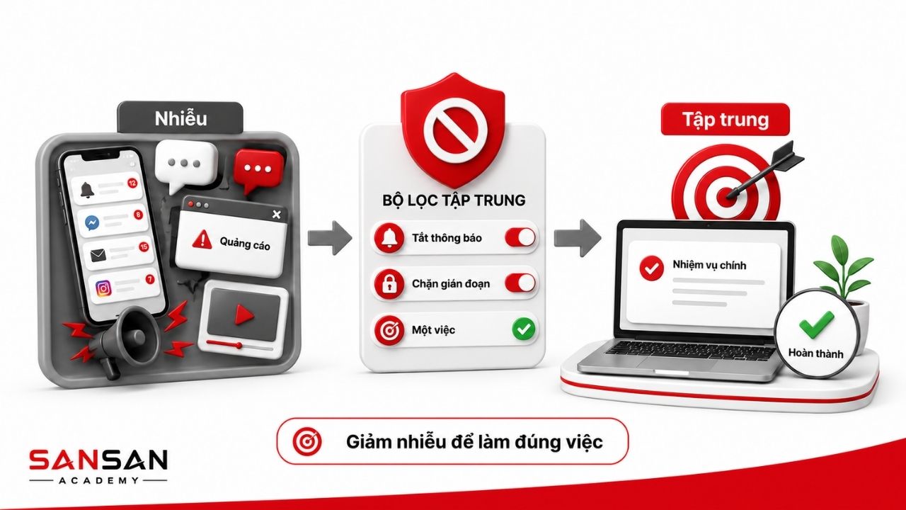 Bộ lọc tập trung loại bỏ thông báo và gián đoạn khỏi nhiệm vụ chính