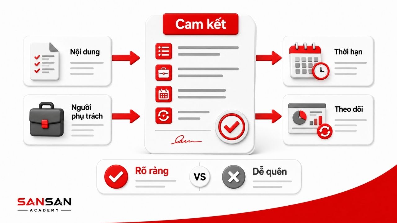 Cam kết ghi rõ nội dung, người phụ trách, thời hạn và theo dõi