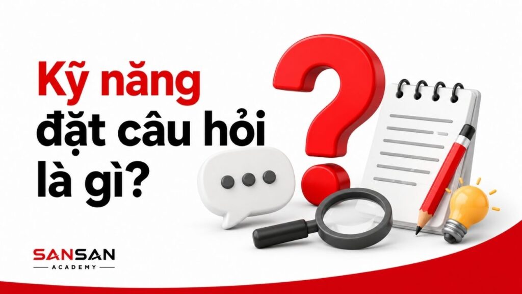 Dấu hỏi, sổ ghi chép và kính lúp minh họa kỹ năng đặt câu hỏi