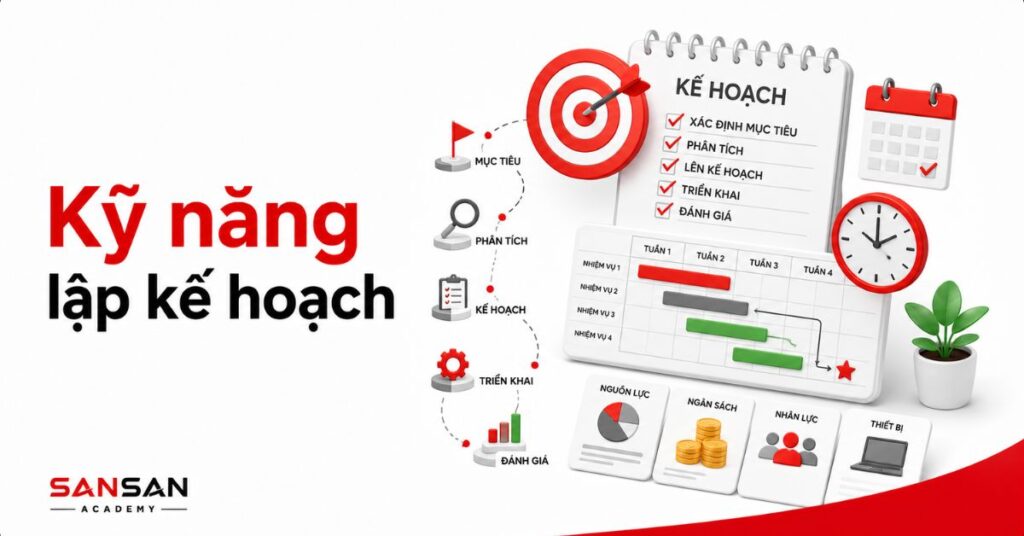 Kế hoạch công việc với biểu đồ, checklist và mũi tên tiến độ trên nền trắng đỏ
