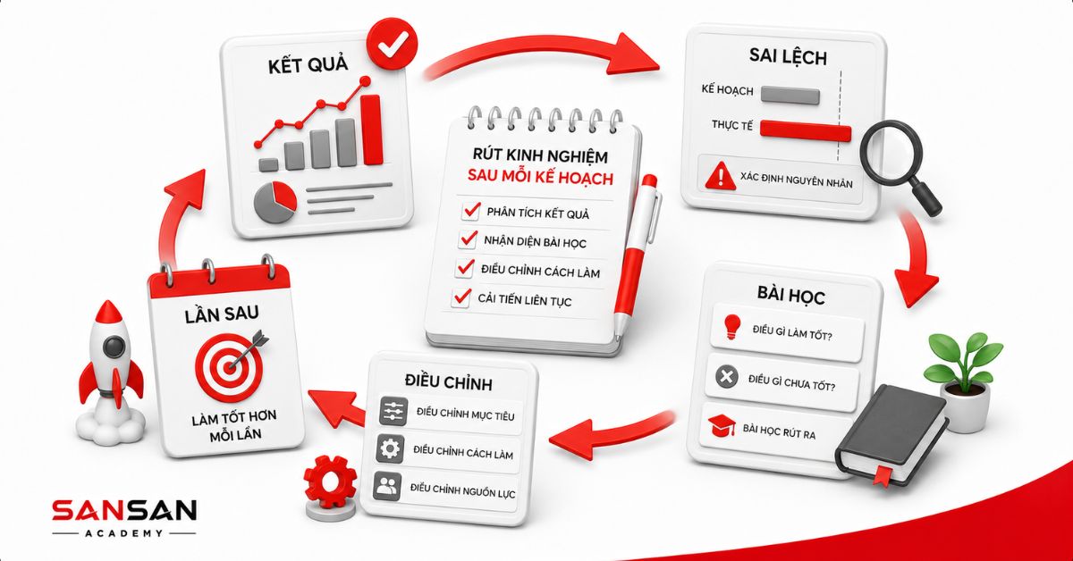 Chu trình đánh giá và rút kinh nghiệm sau kế hoạch với mũi tên cải tiến liên tục