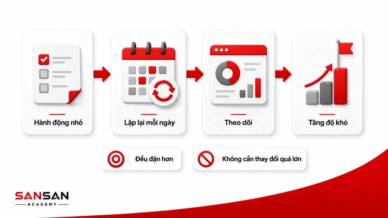 Chu trình hành động nhỏ, lặp lại, theo dõi và nâng độ khó