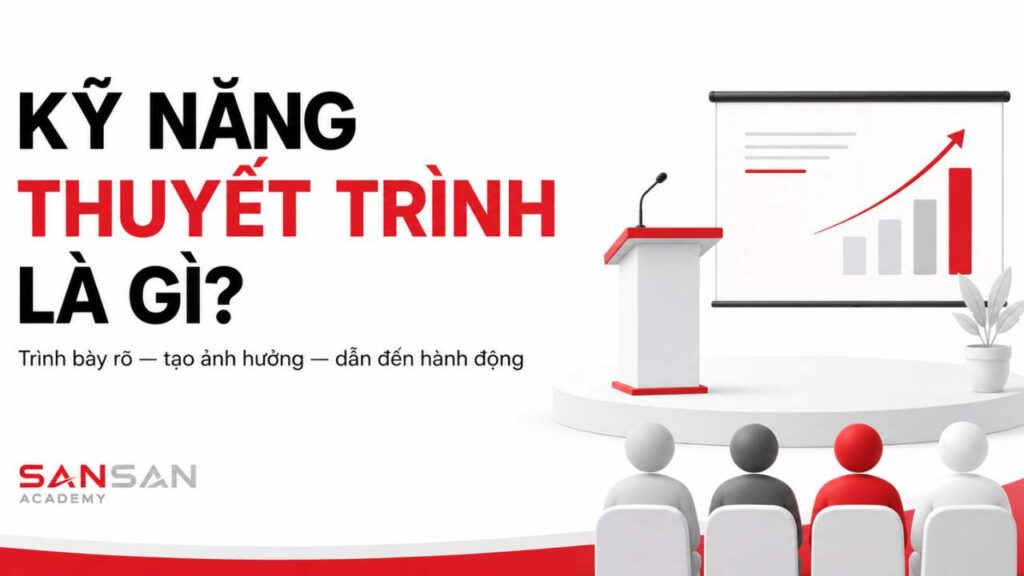 Bục phát biểu, màn hình biểu đồ tăng trưởng và khán giả minh họa kỹ năng thuyết trình trước đám đông.