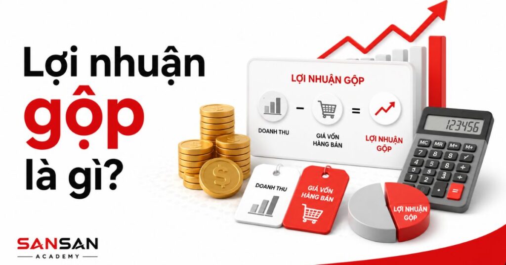 Biểu đồ lợi nhuận gộp với doanh thu, giá vốn, tiền xu và máy tính