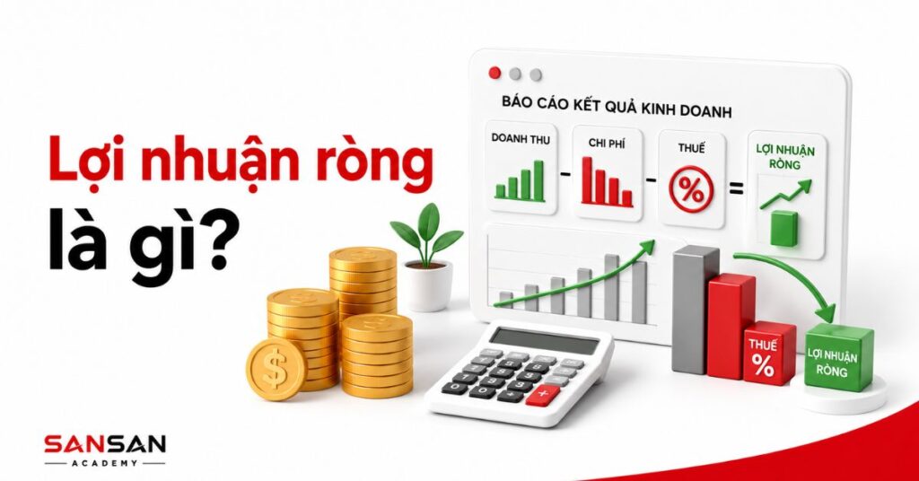 Minh họa 3D lợi nhuận ròng với biểu đồ tài chính đỏ trắng