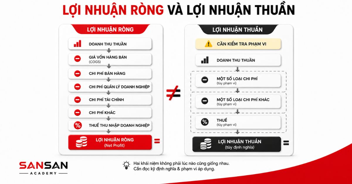 Sơ đồ so sánh lợi nhuận ròng và lợi nhuận thuần màu đỏ đen