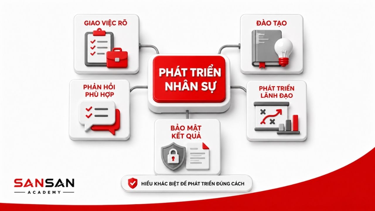 Sơ đồ phát triển nhân sự với giao việc, đào tạo, phản hồi và bảo mật