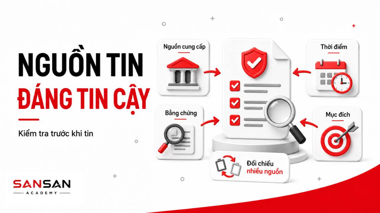 Các tiêu chí kiểm tra nguồn tin gồm người cung cấp, bằng chứng, thời điểm, mục đích và đối chiếu nhiều nguồn.