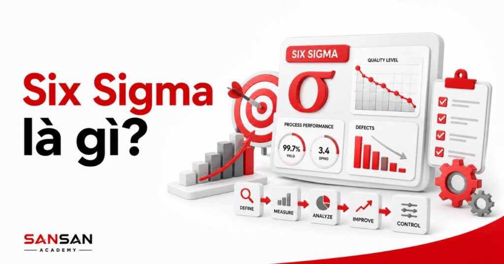Biểu đồ Six Sigma với 6σ, mục tiêu, DMAIC và chỉ số chất lượng