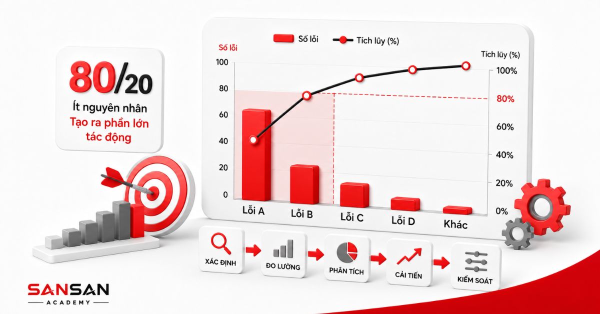 Biểu đồ Pareto 80/20 xác định nhóm lỗi ưu tiên