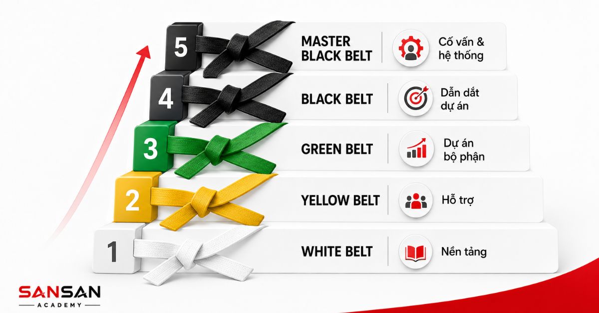 Thang cấp độ White, Yellow, Green, Black và Master Black Belt