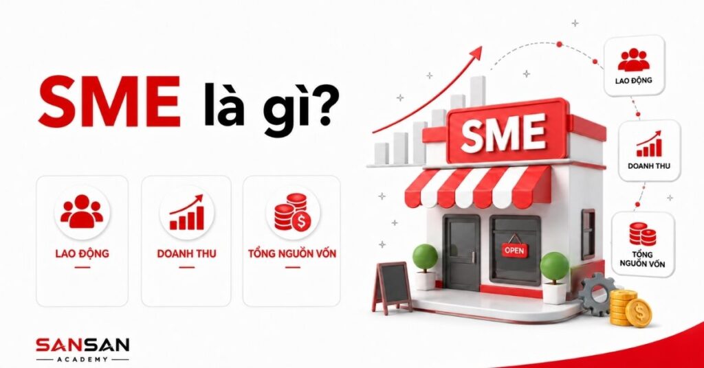 Cửa hàng SME với biểu đồ tăng trưởng, lao động, doanh thu và nguồn vốn